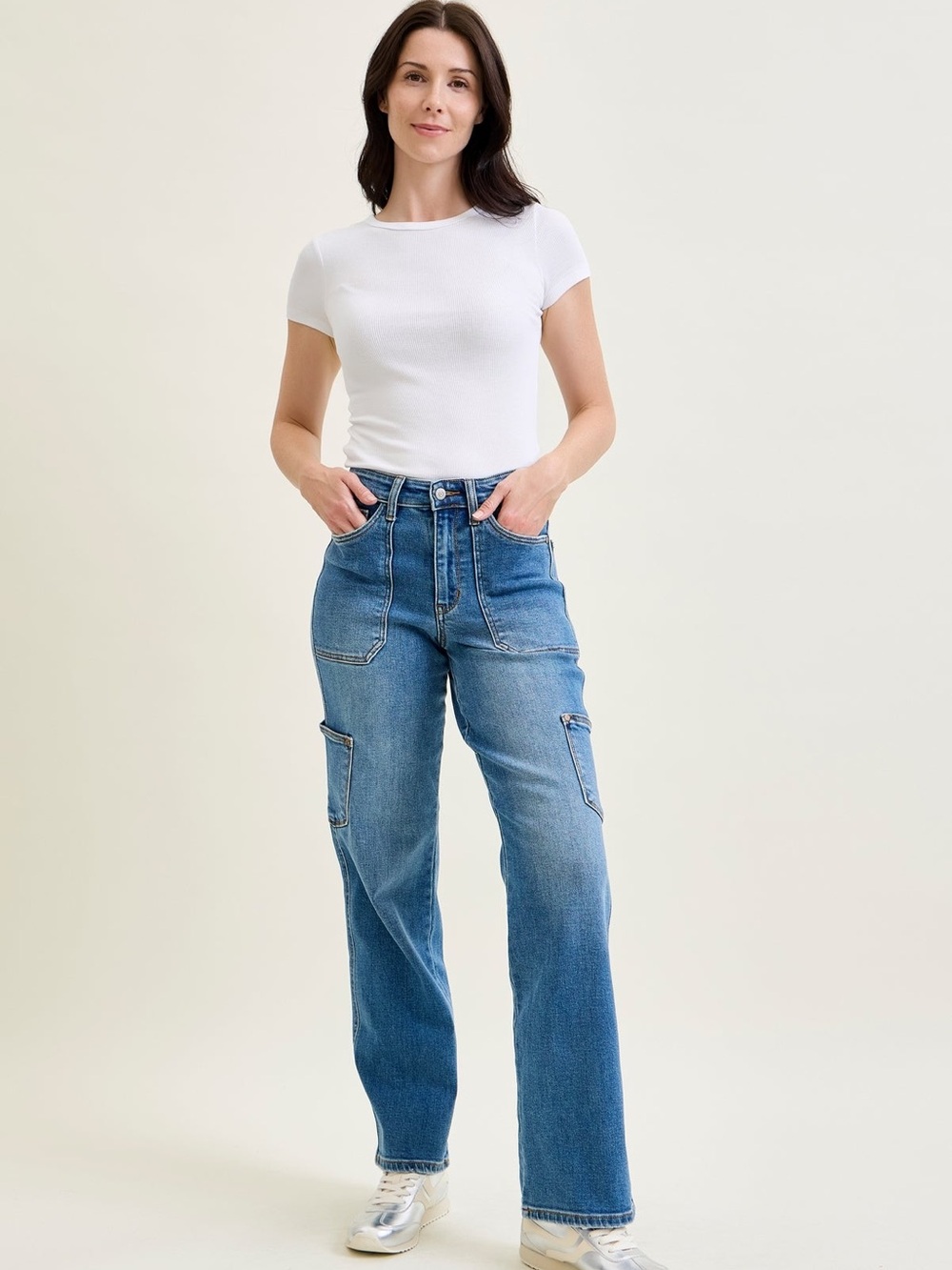 Judy Blue 90s Straight Cargo Jeans Light Wash High Rise Utility Denim Sz 1 / 25